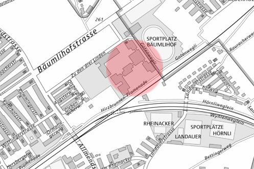 Situationsplan vom Projekt Schulanlage Bäumlihof mit rotem Projektperimeter