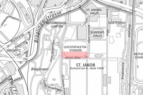 Situationsplan vom Projekt St. Jakob Tribünengebäude mit rotem Projektperimeter
